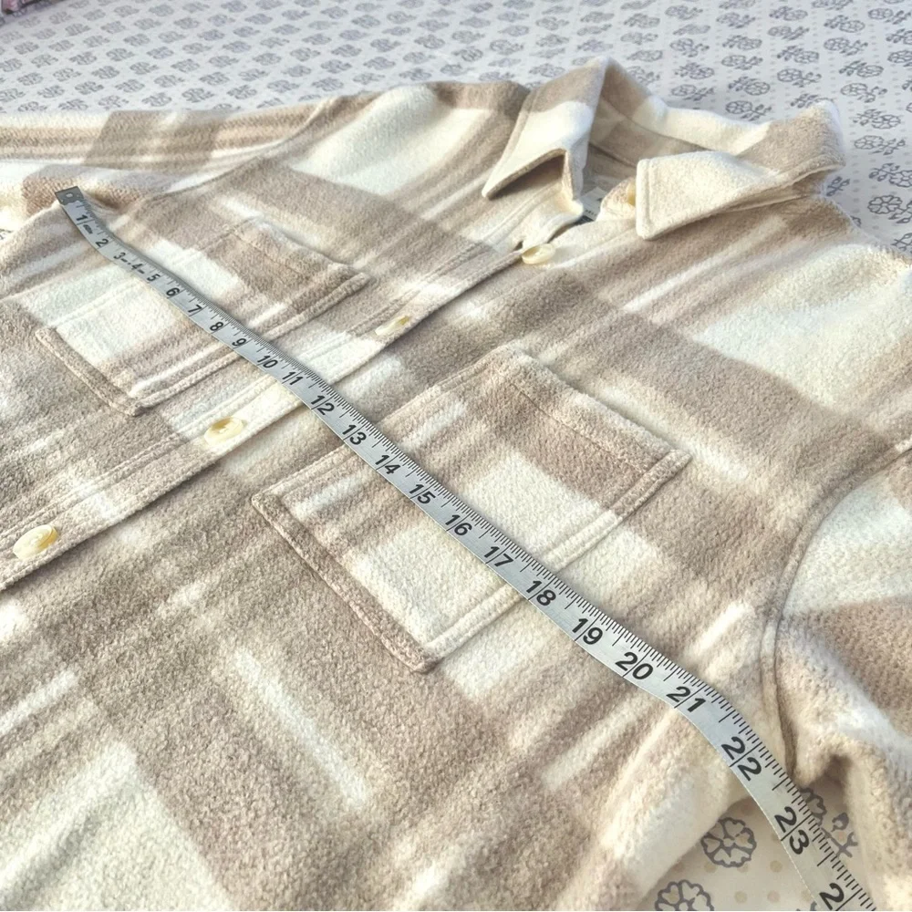 AE American Eagle Fleece Plaid Shacket Beige S - Picture 8 of 9